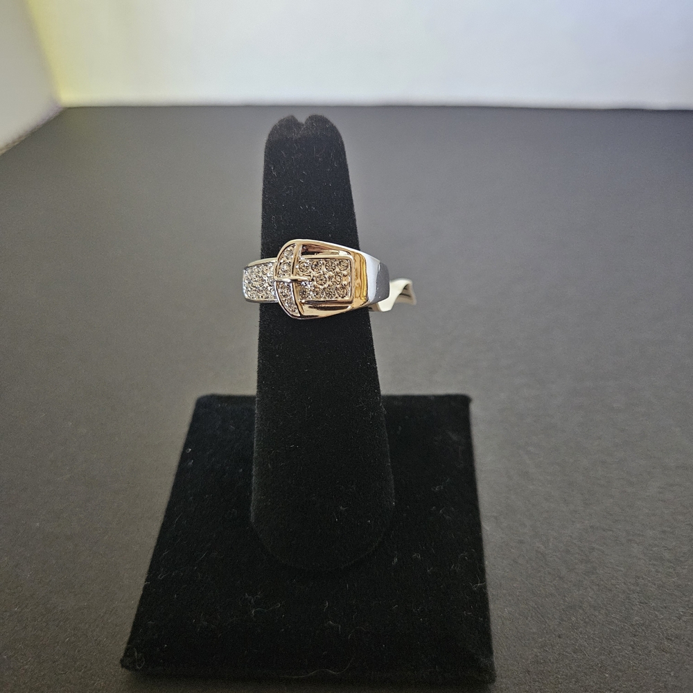 Rigant 18K RGP Silver Tone Pavé Buckle Ring Size 8.25"